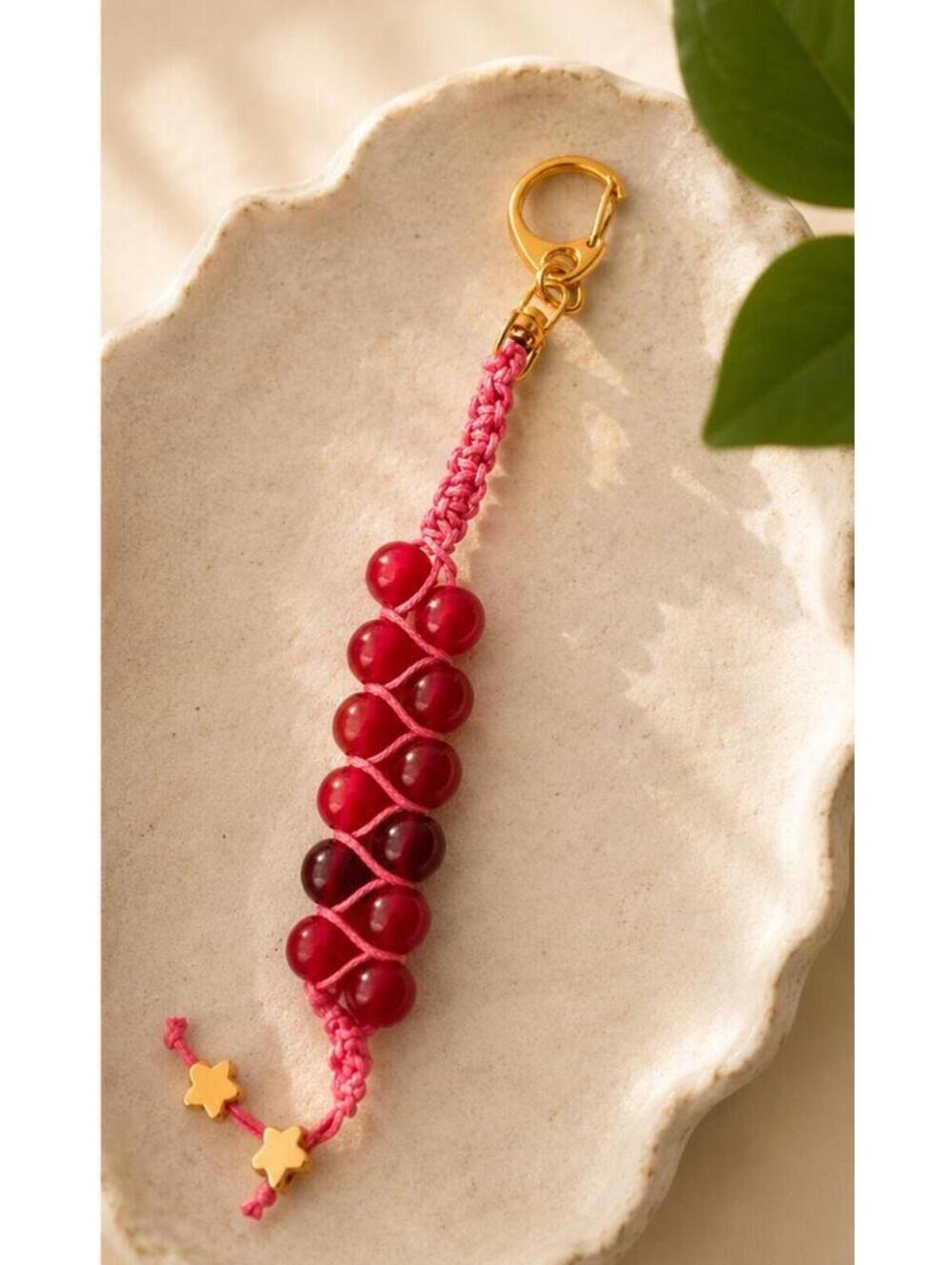 Berry Bloom Pink Macramé double row Beaded Keychain